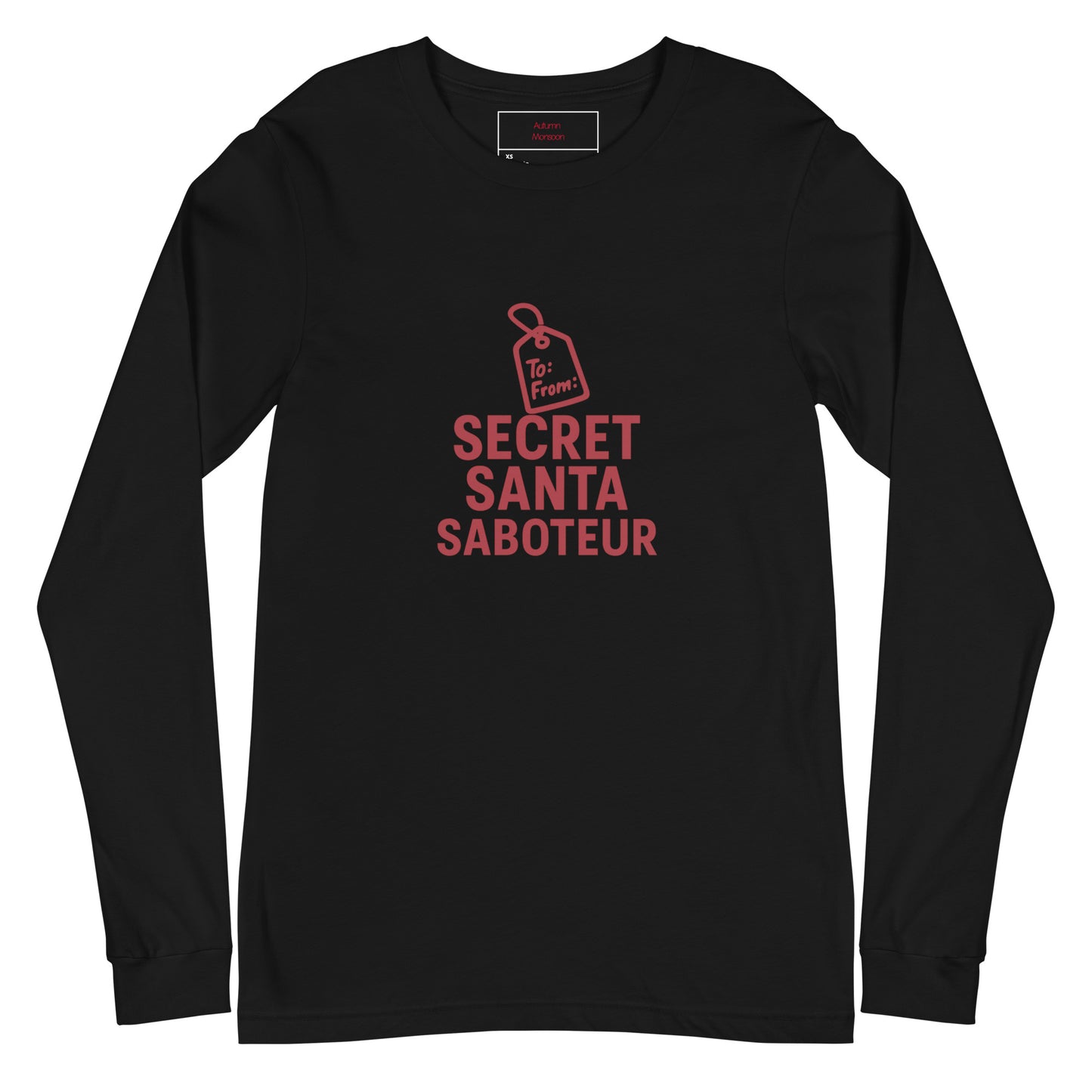Black long-sleeve shirt with red text 'Secret Santa Saboteur' on a white background