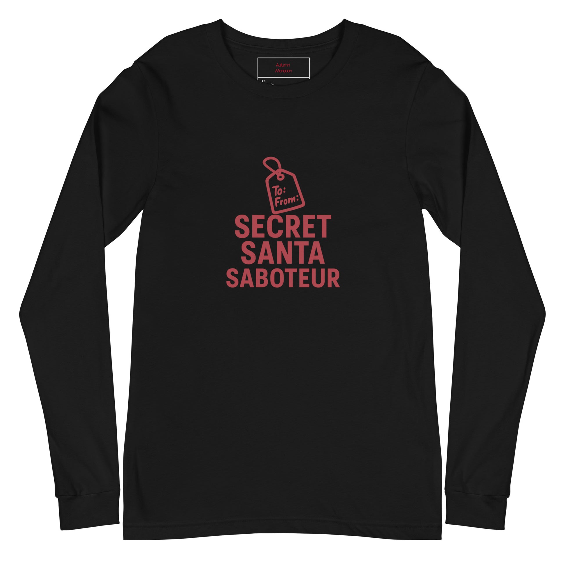 Black long-sleeve shirt with red text 'Secret Santa Saboteur' on a white background