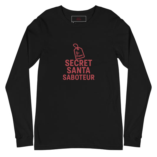 Black long-sleeve shirt with red text 'Secret Santa Saboteur' on a white background