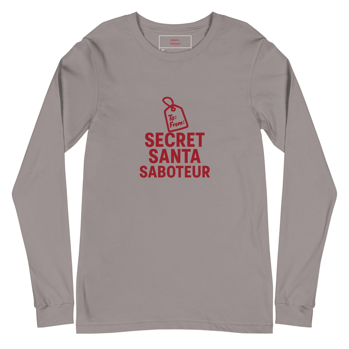 Gray long-sleeve shirt with red 'Secret Santa Saboteur' text and tag design on a white background