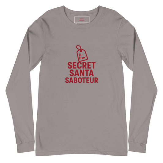 Gray long-sleeve shirt with red 'Secret Santa Saboteur' text and tag design on a white background