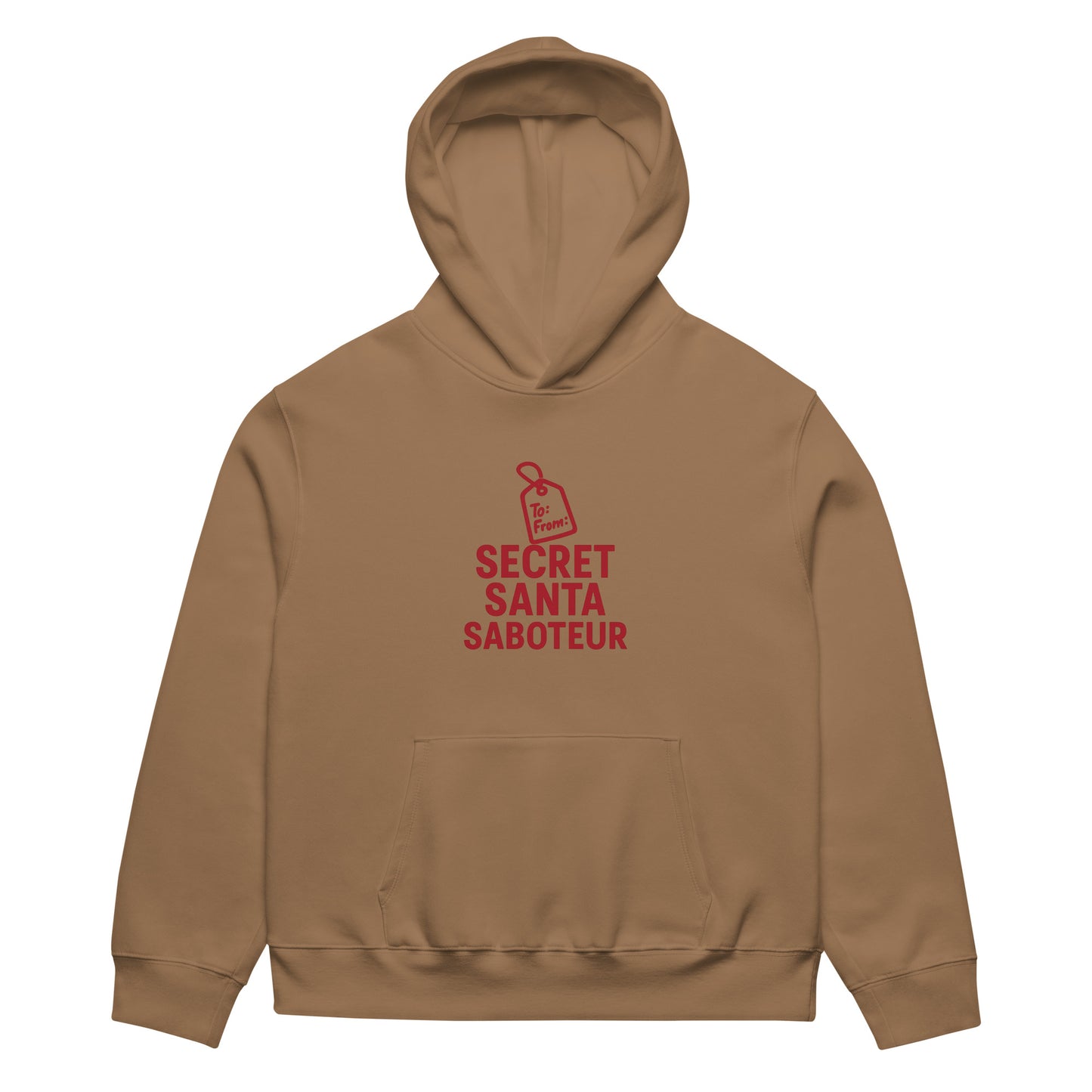 Brown hoodie with 'Secret Santa Saboteur' text on a white background