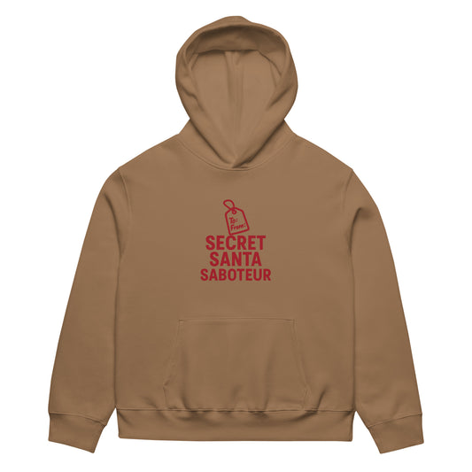 Brown hoodie with 'Secret Santa Saboteur' text on a white background