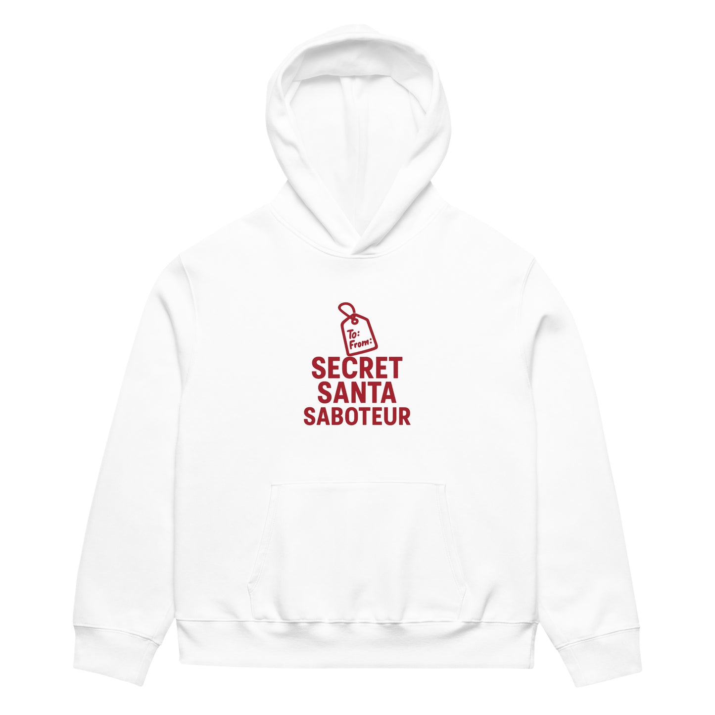 White hoodie with red text 'Secret Santa Saboteur' on a white background