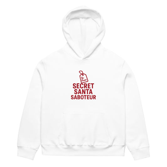 White hoodie with red text 'Secret Santa Saboteur' on a white background
