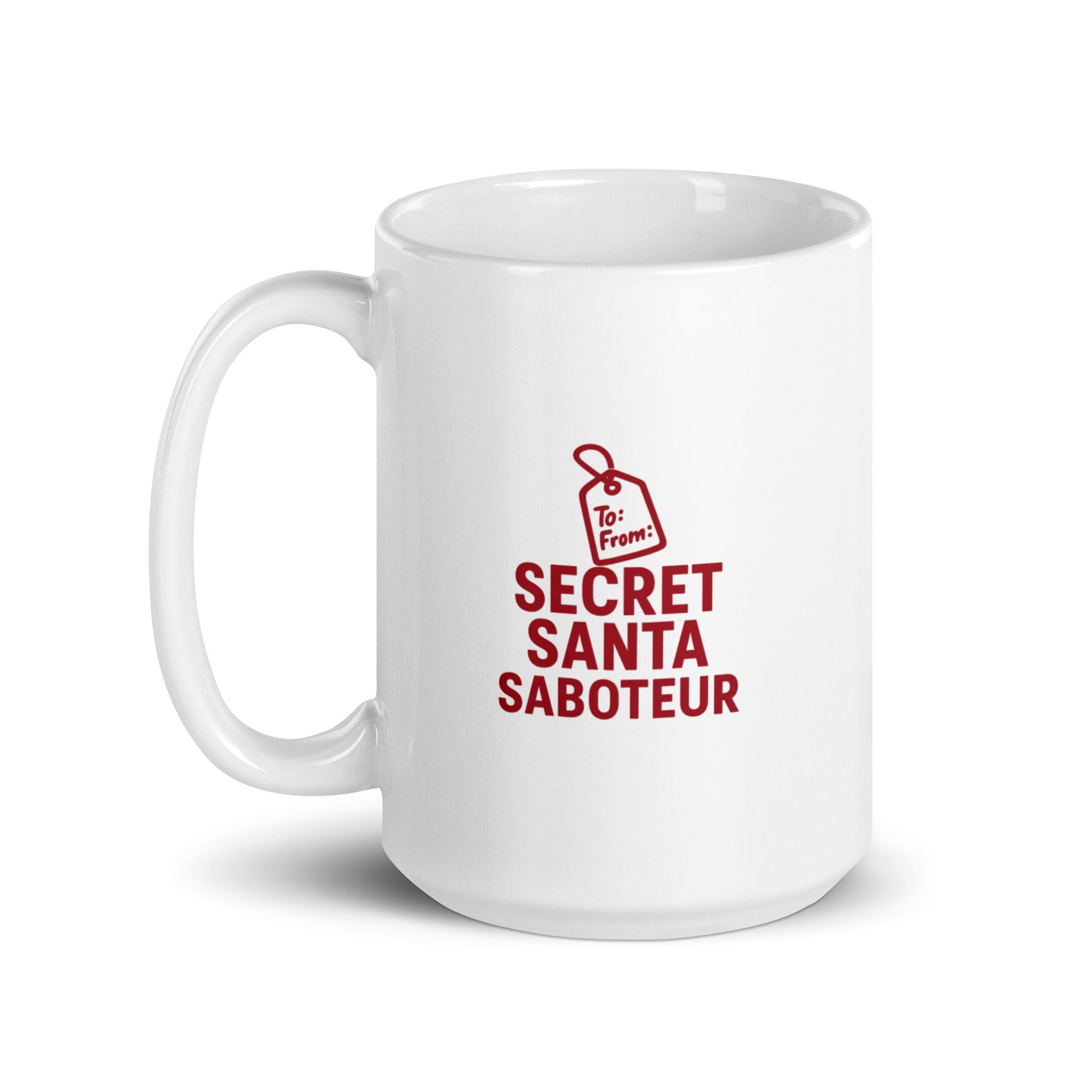 White mug with red text and graphic on a white background