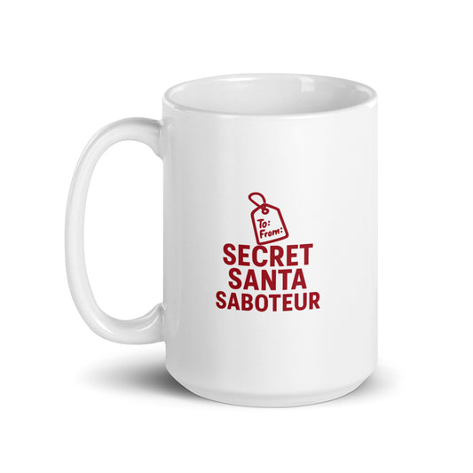 White mug with red text and graphic on a white background