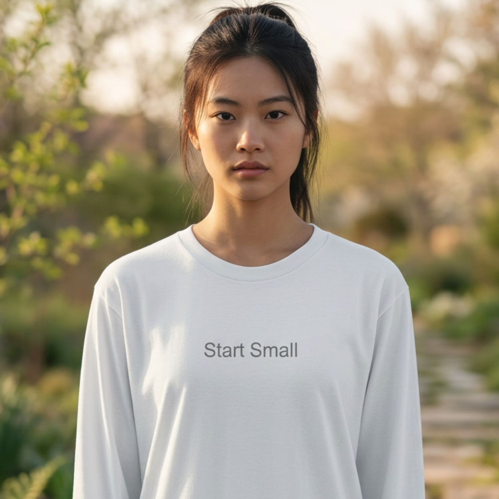 Person wearing a white long-sleeve shirt with 'Start Small' text outdoors.