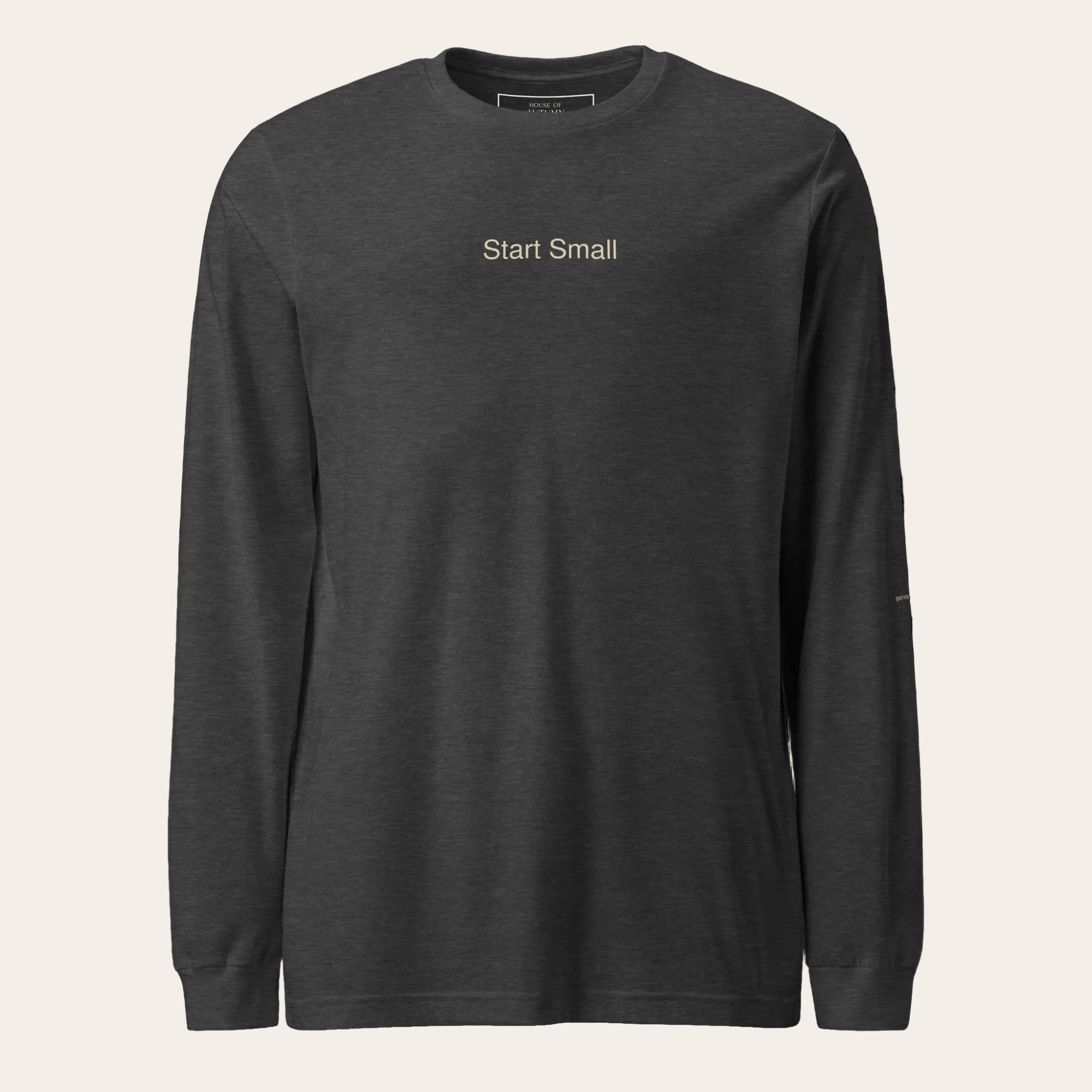 Charcoal long-sleeve shirt with a small logo on a white background