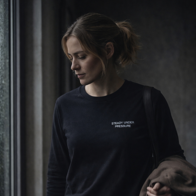 Woman wearing a black long-sleeve shirt with text, holding a brown jacket in a dimly lit room.