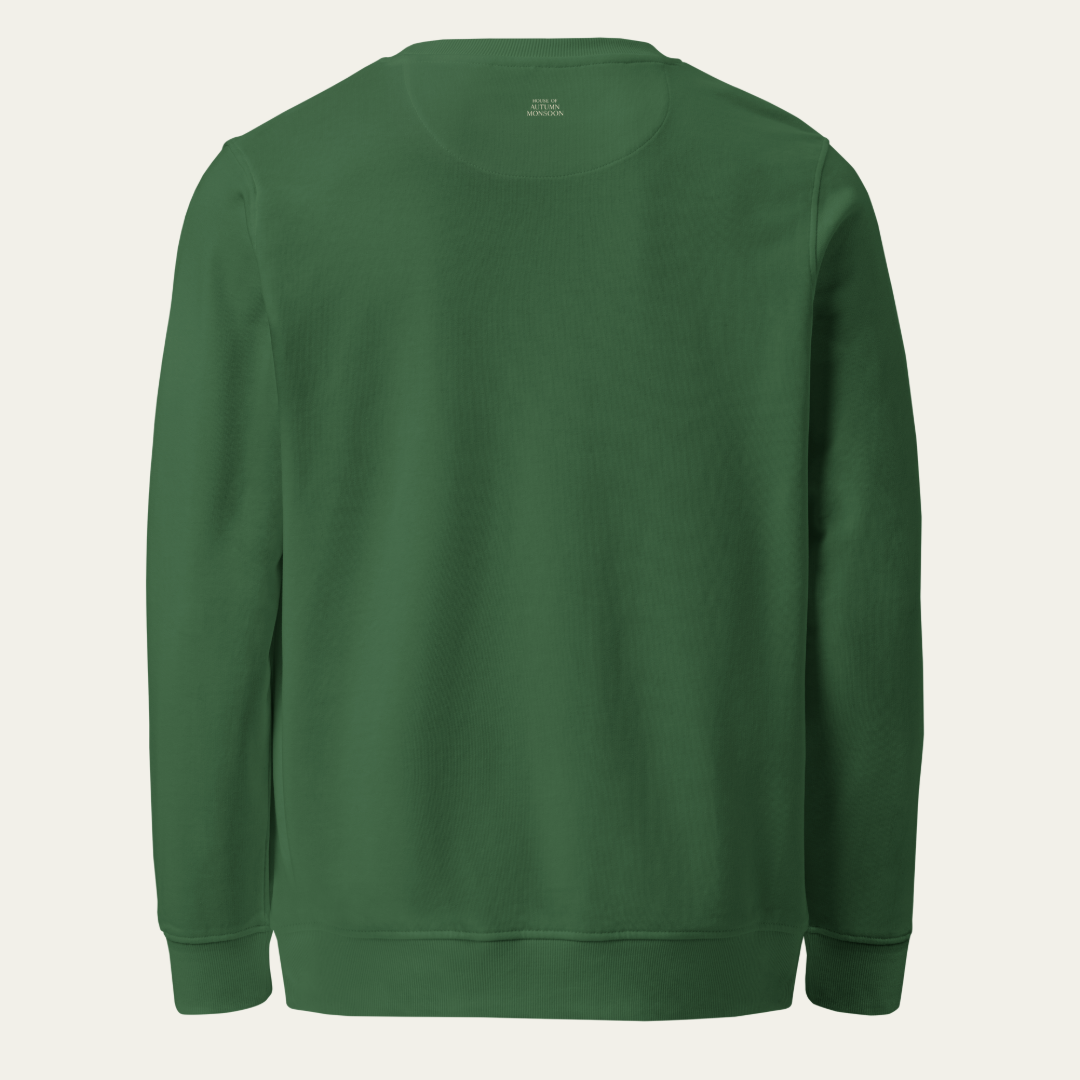 Back of a bottle green sweatshirt with House of Autumn Monsoon logo in center upper back.
