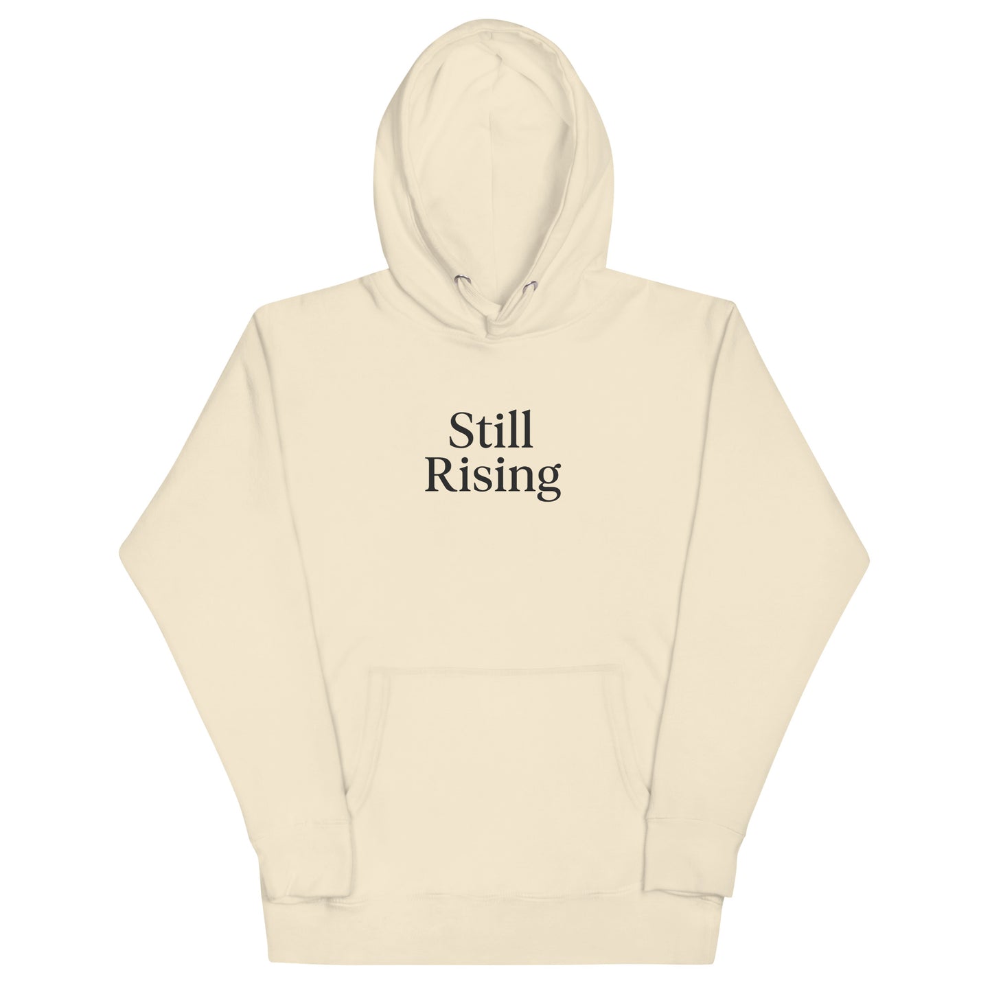 Beige hoodie with 'Still Rising' text on a white background