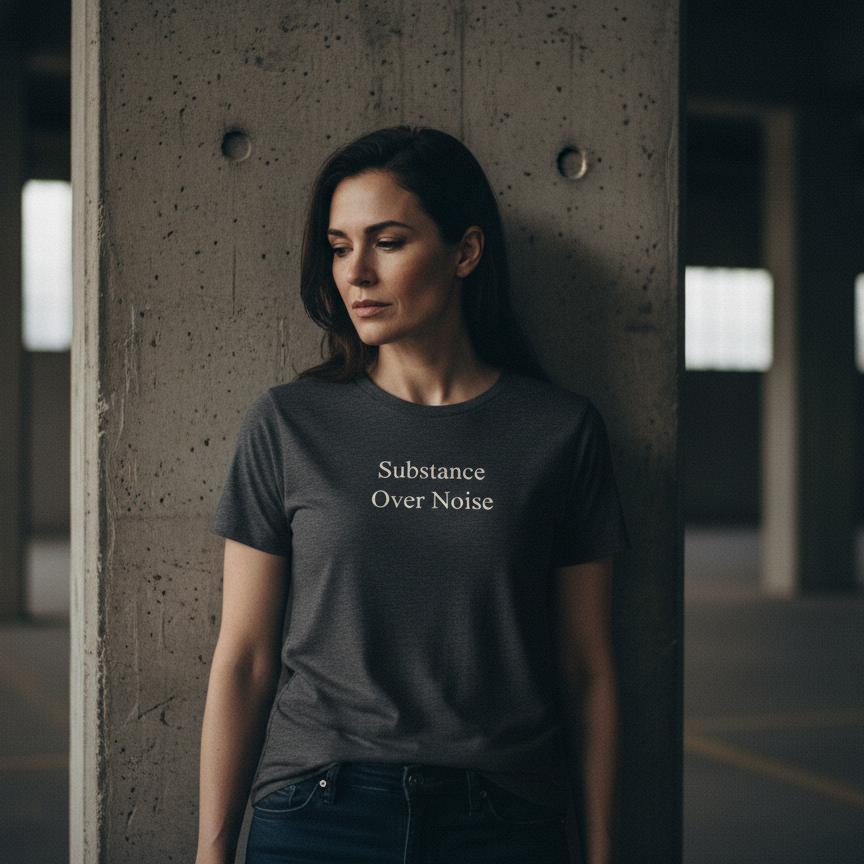 Woman wearing a t-shirt with 'Substance Over Noise' text in an industrial setting