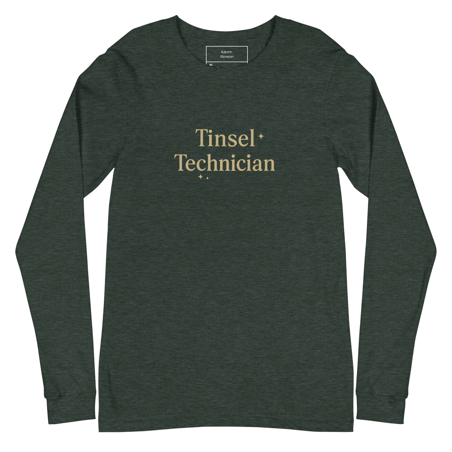 Dark green long-sleeve shirt with 'Tinsel Technician' text on a white background