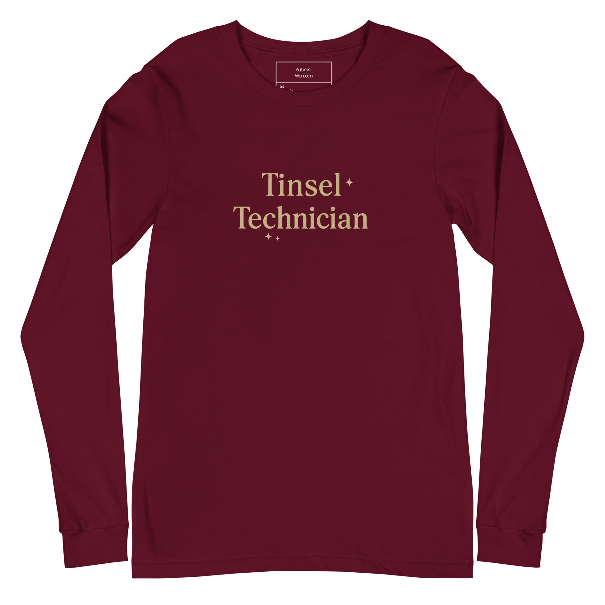 Maroon long-sleeve shirt with 'Tinsel Technician' text on a white background