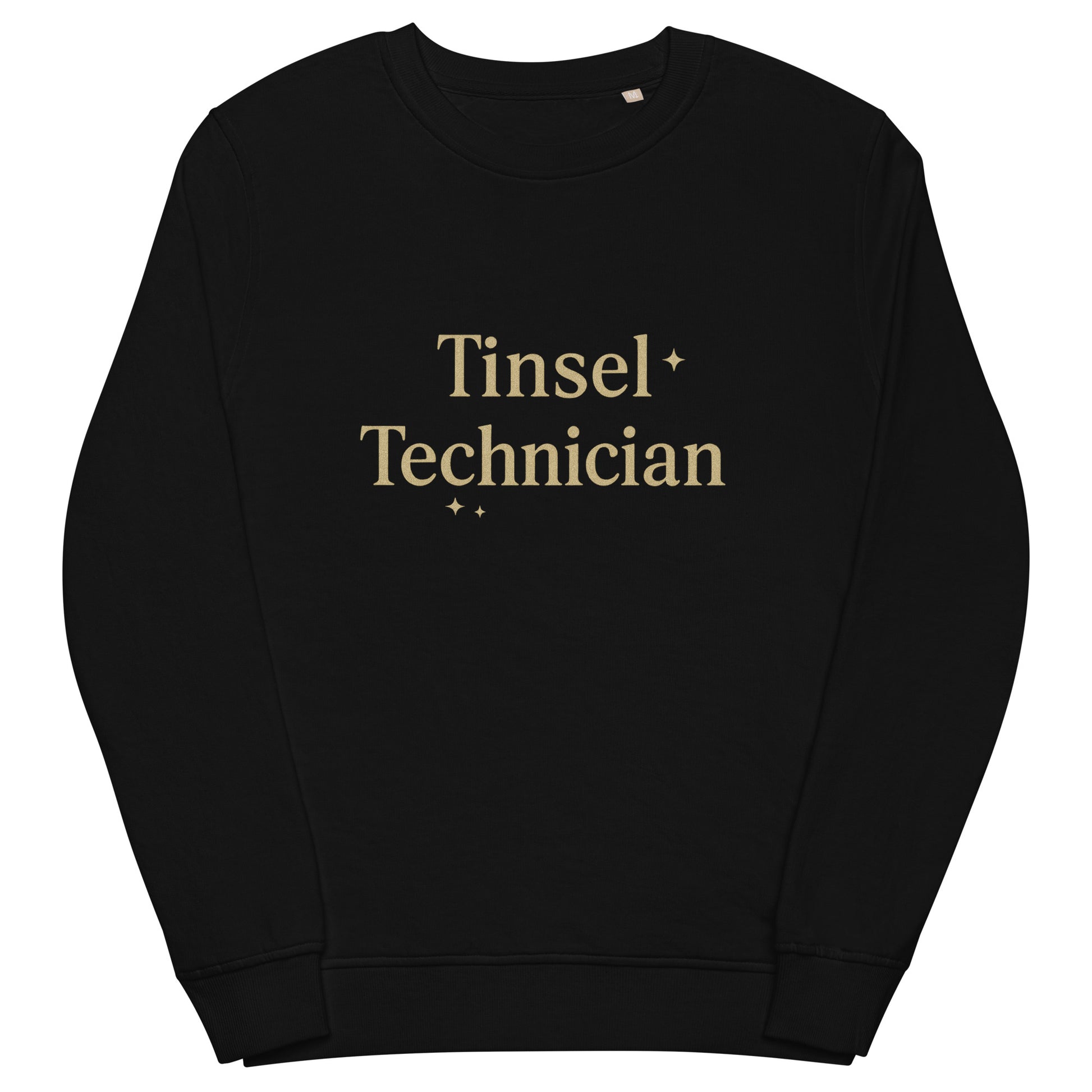 Black sweatshirt with 'Tinsel Technician' text on a white background