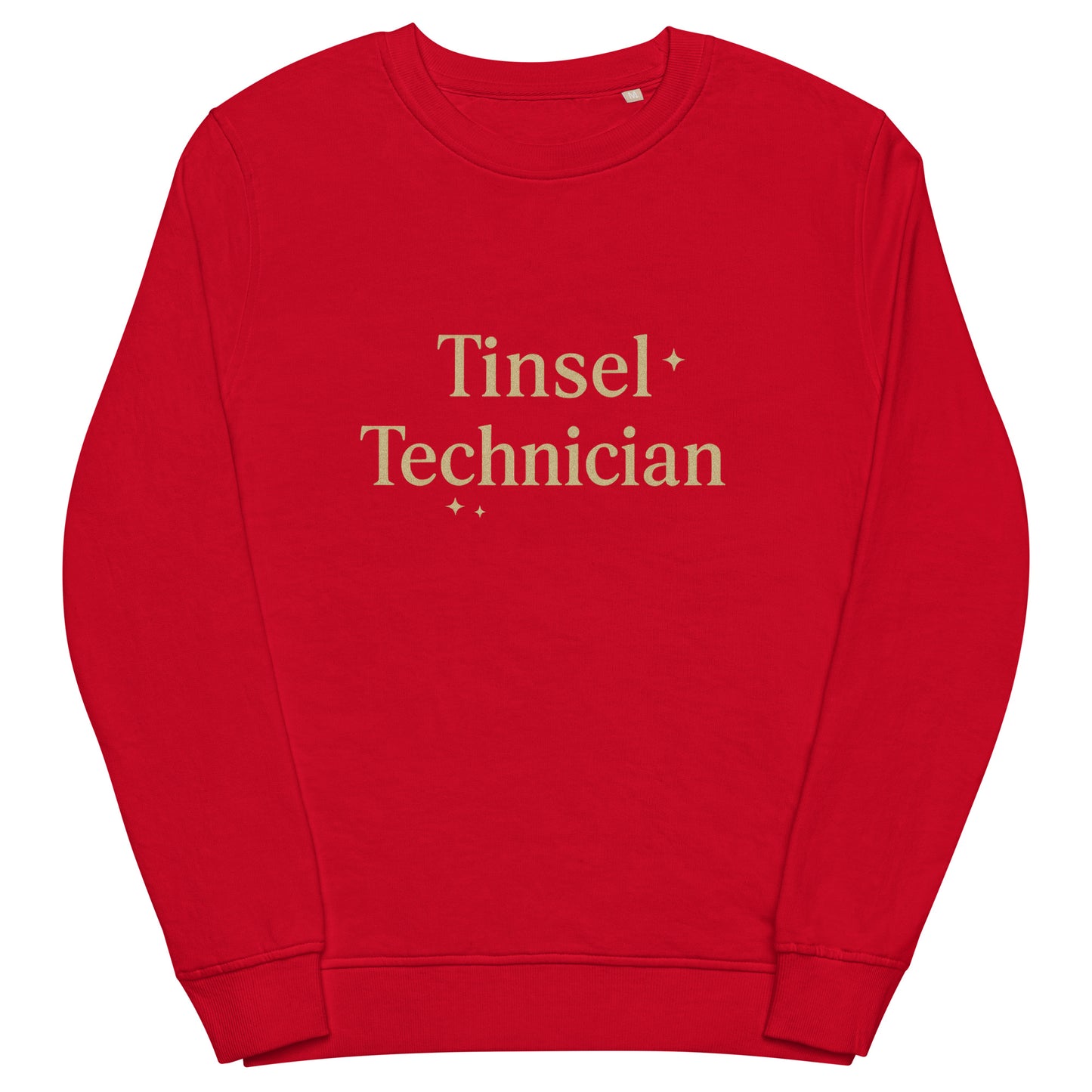 Red sweatshirt with 'Tinsel Technician' text on a white background