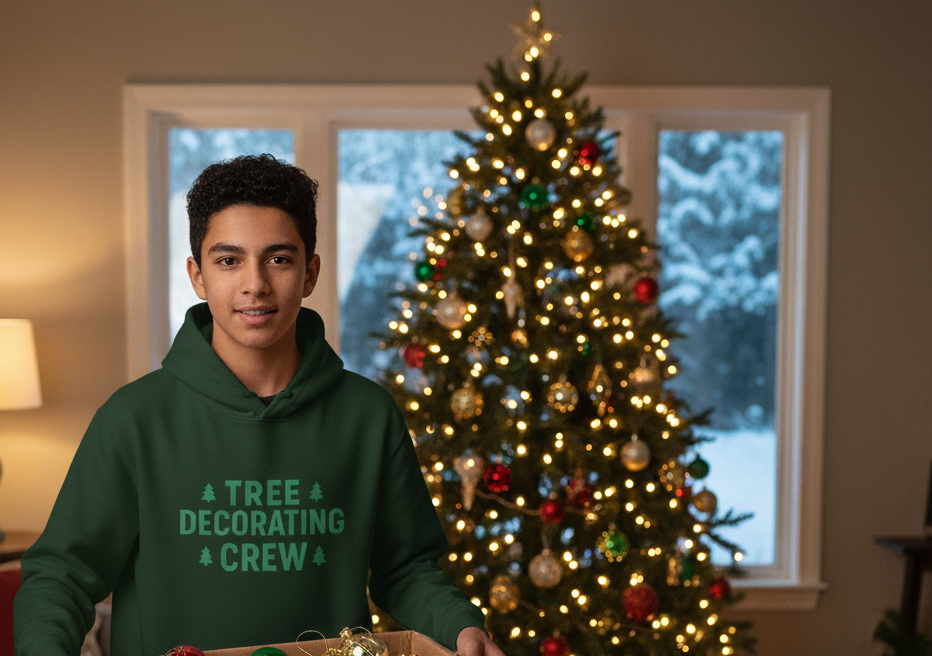 Person wearing a green 'Tree Decorating Crew' hoodie in front of a decorated Christmas tree.