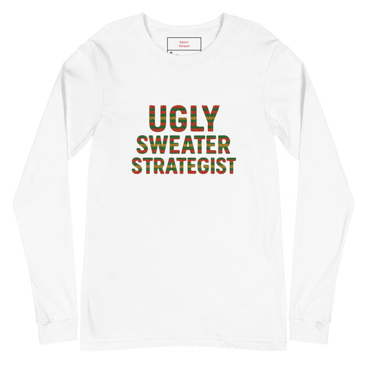 White long-sleeve shirt with 'UGLY SWEATER STRATEGIST' text on a white background