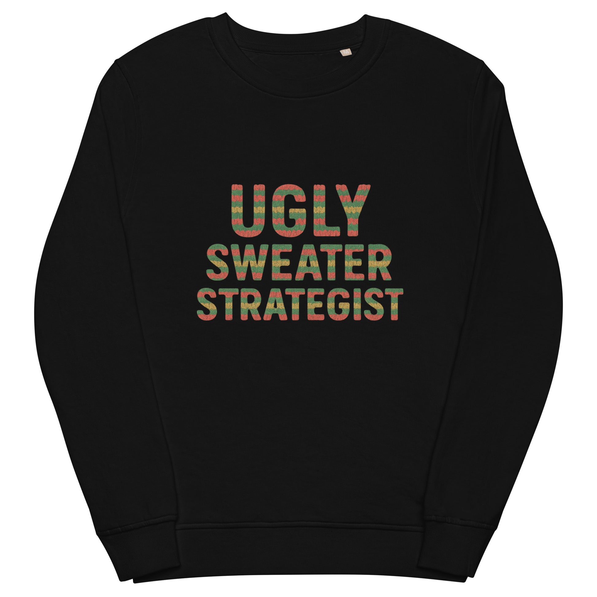Black sweatshirt with 'UGLY SWEATER STRATEGIST' text on a white background
