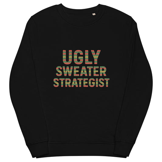 Black sweatshirt with 'UGLY SWEATER STRATEGIST' text on a white background