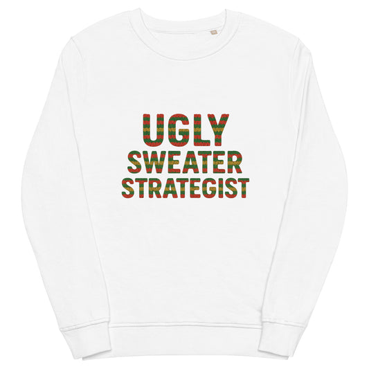 White sweatshirt with 'UGLY SWEATER STRATEGIST' text in red and green on a white background