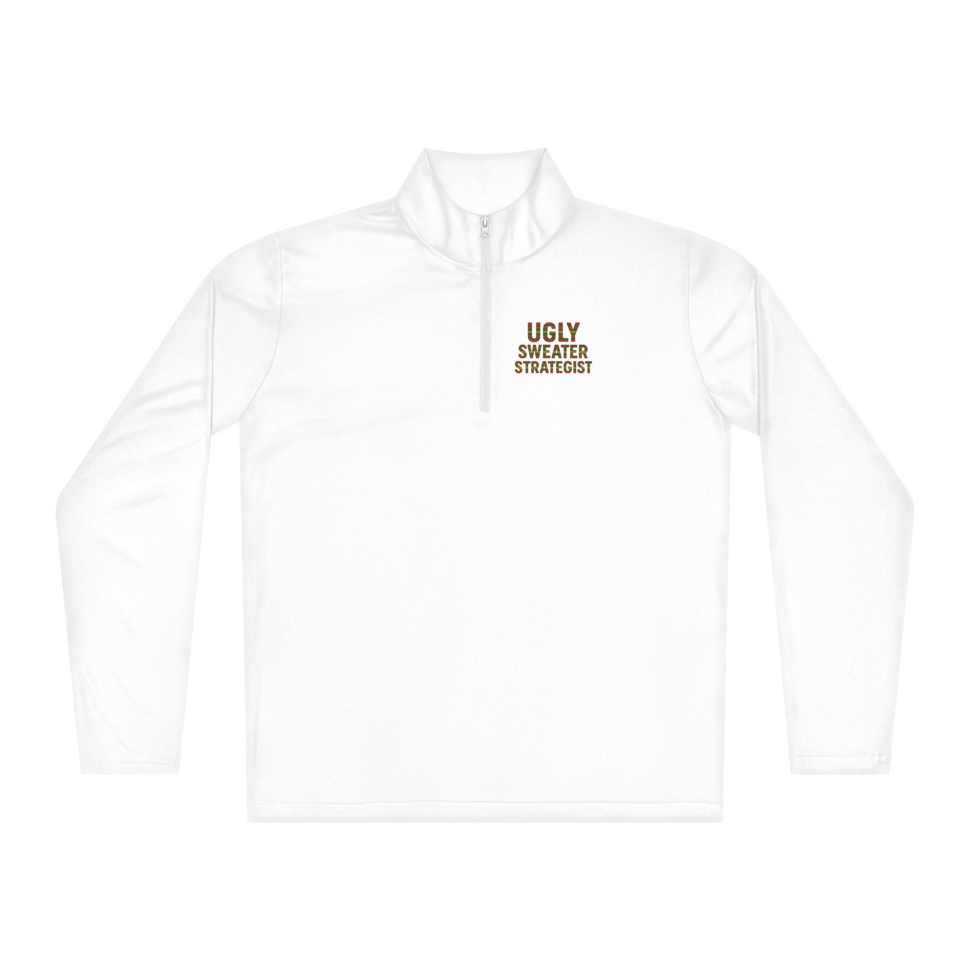 White long-sleeve shirt with text on a white background