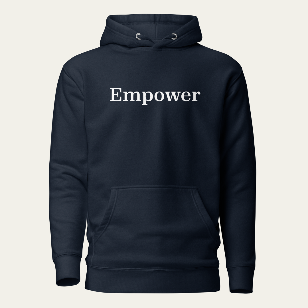 Navy hoodie with "Empower" on the chest.