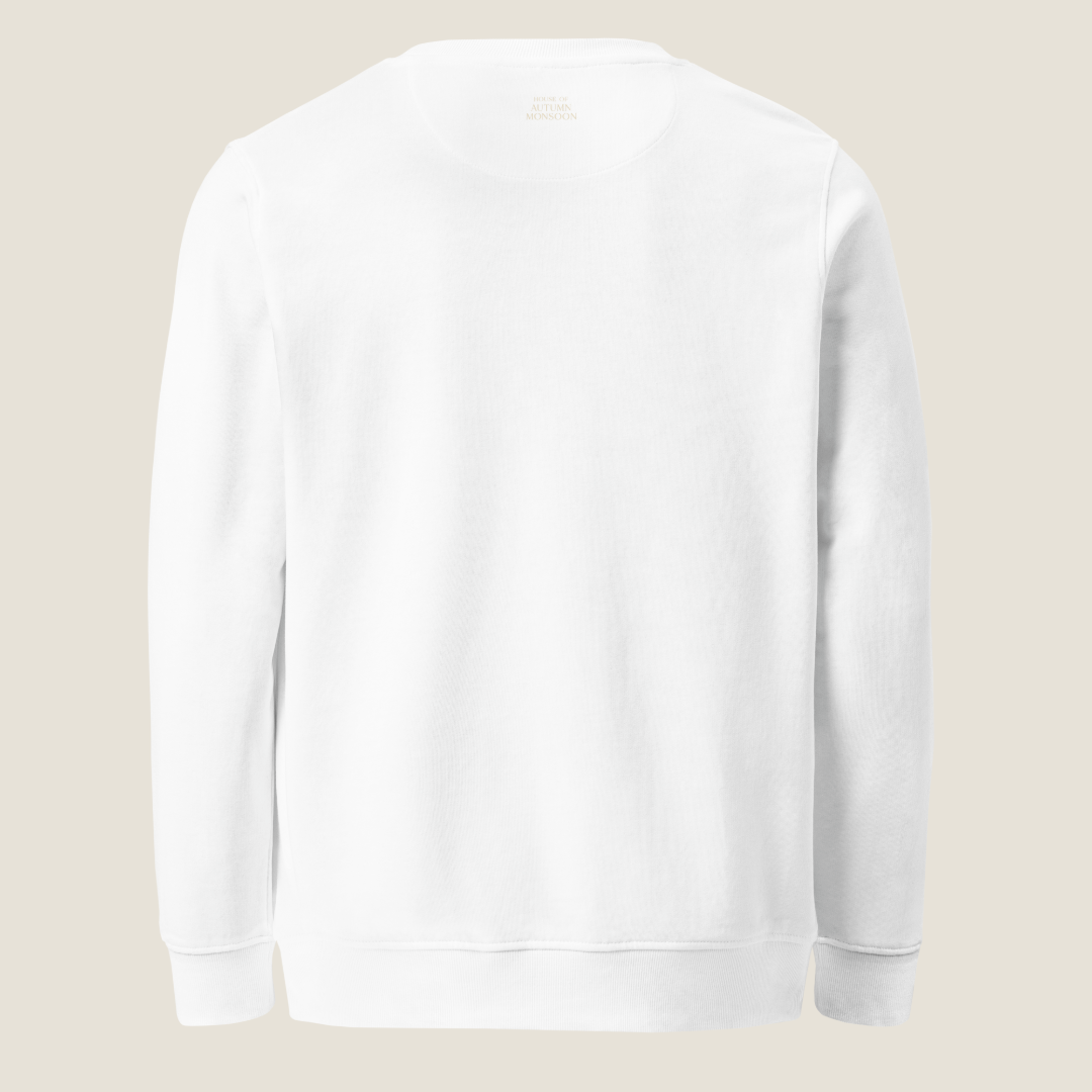 A plain white crewneck sweatshirt shown from the back, photographed flat against a light beige background.
