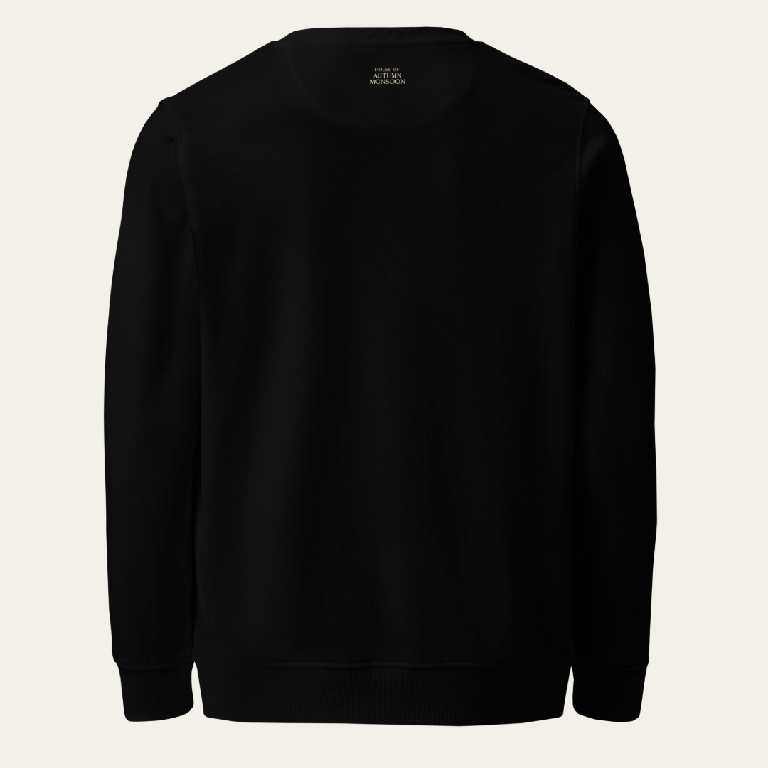 Black sweatshirt back with House of Autumn Monsoon logo on the upper back in the center.