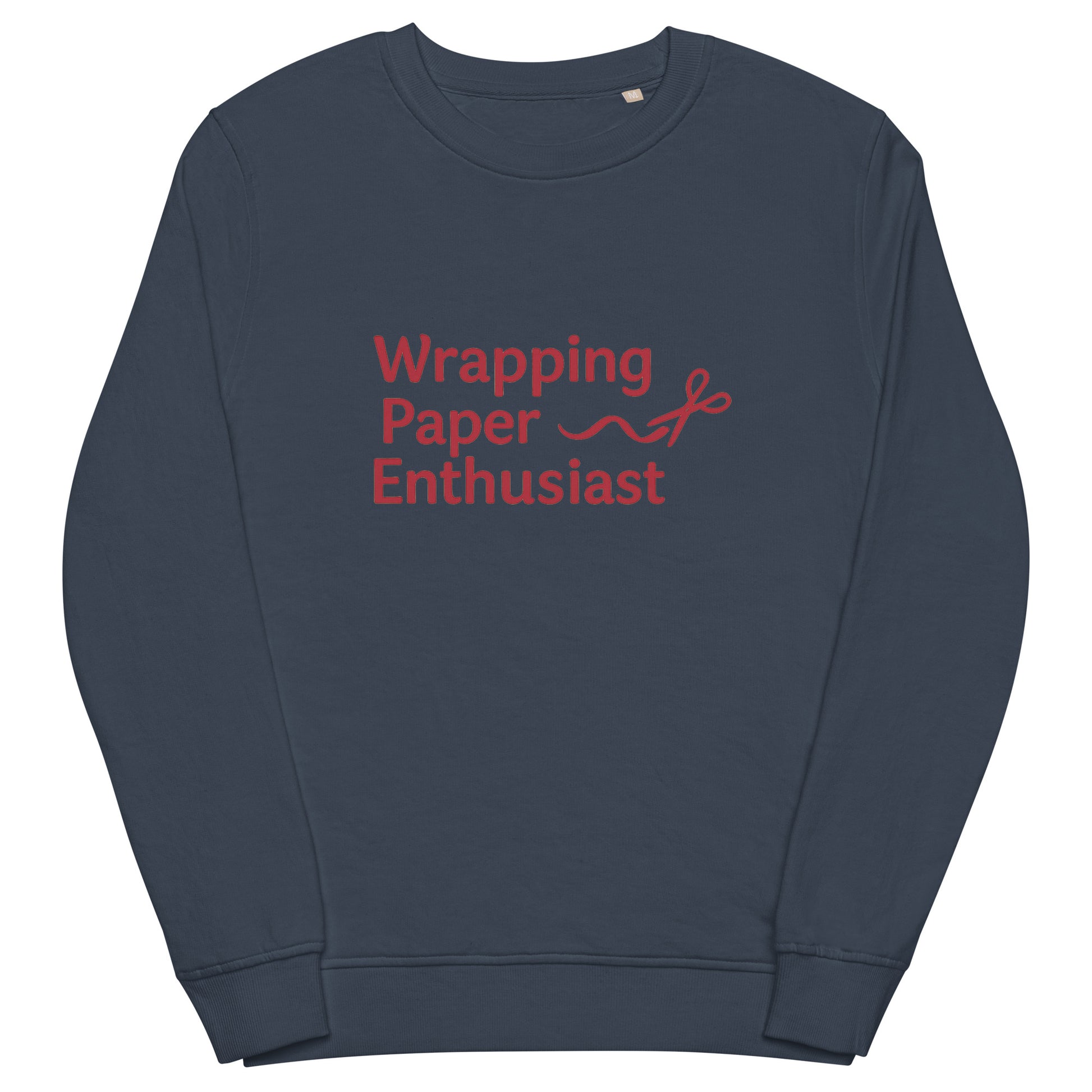 Navy blue sweatshirt with 'Wrapping Paper Enthusiast' text in red on a white background