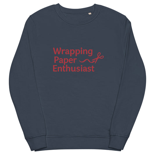 Navy blue sweatshirt with 'Wrapping Paper Enthusiast' text in red on a white background