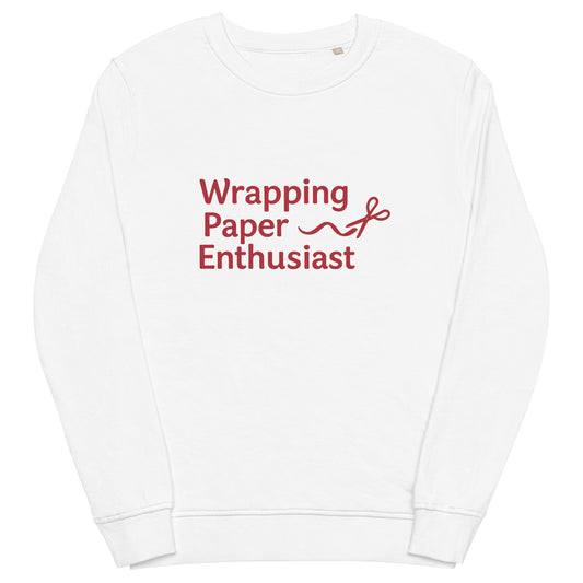 White sweatshirt with red text 'Wrapping Paper Enthusiast' on a white background