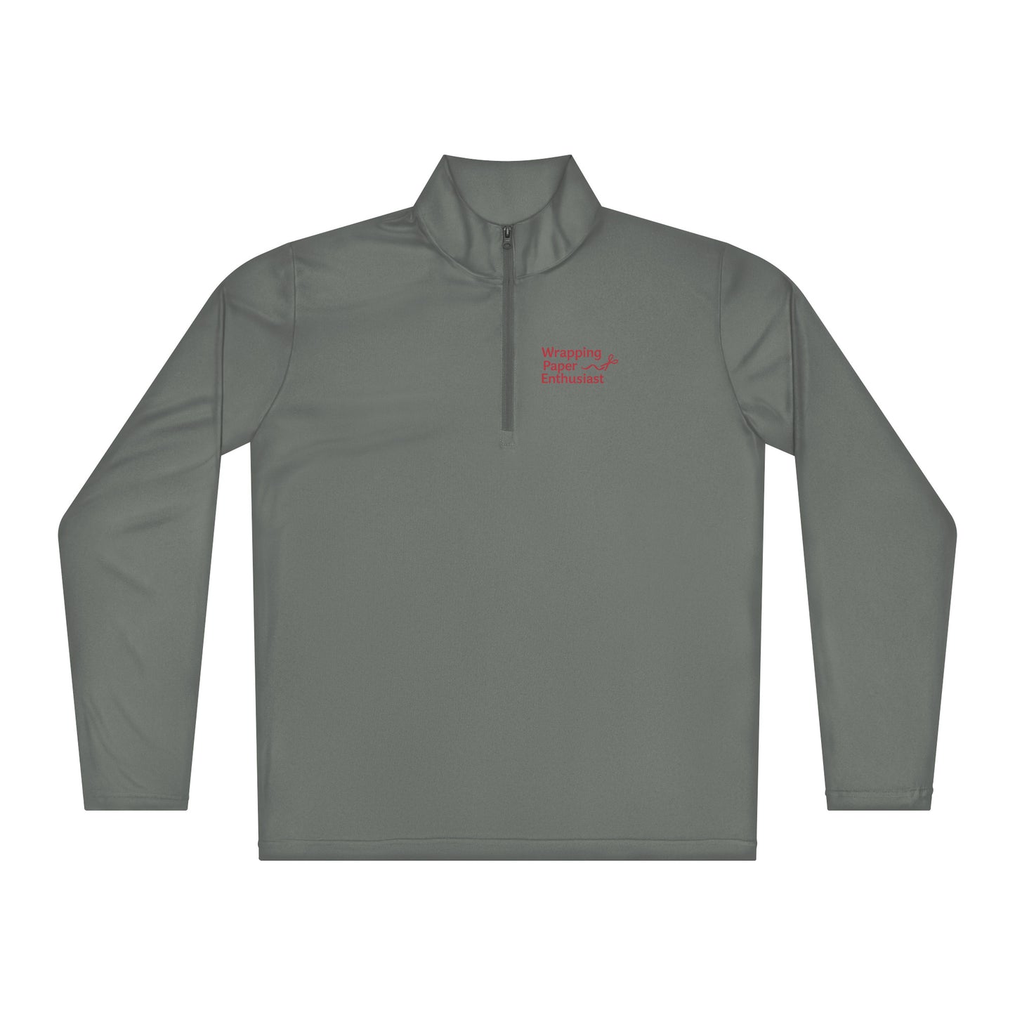 Gray long-sleeve pullover with a small red logo on a white background