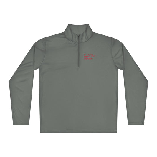 Gray long-sleeve pullover with a small red logo on a white background