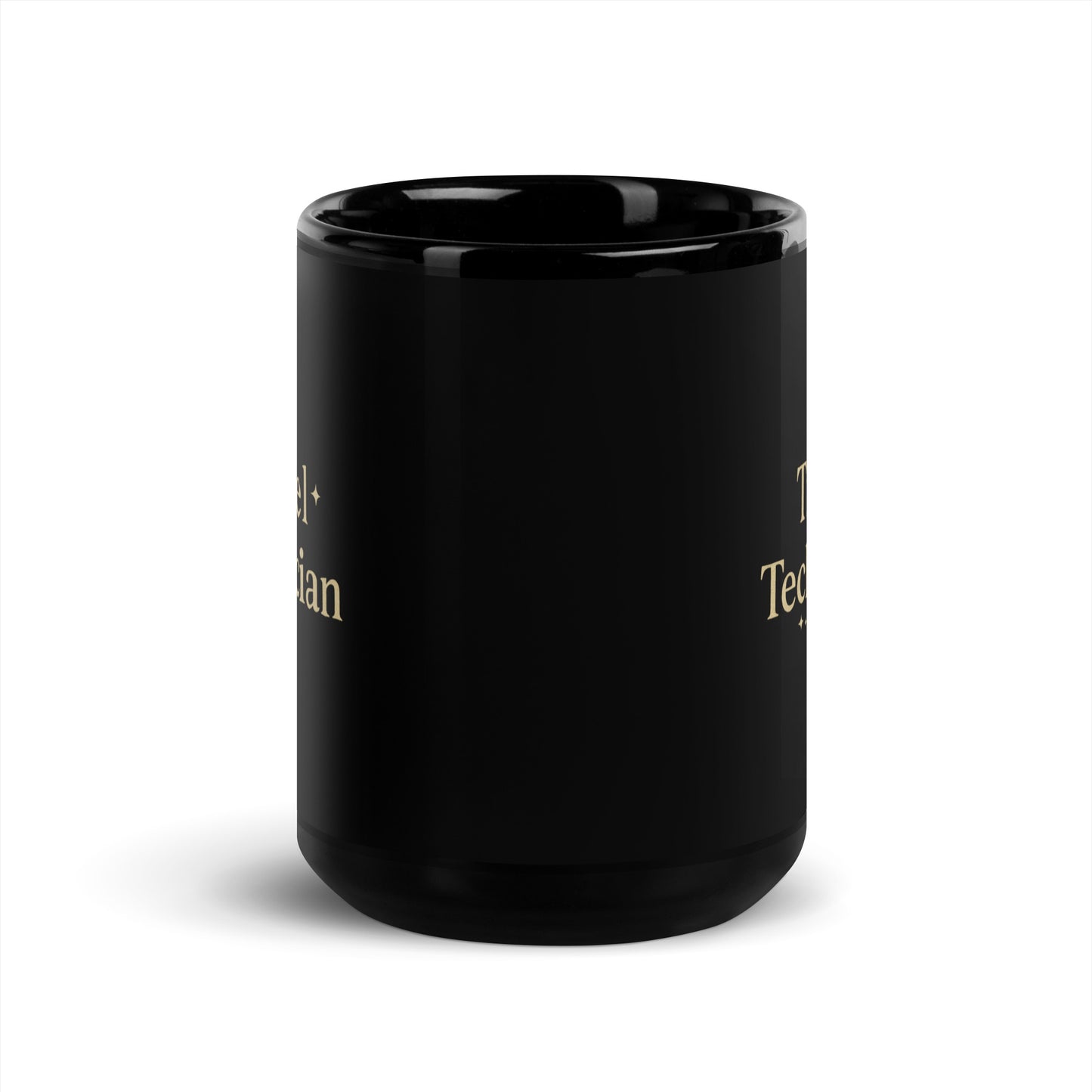 Black mug with gold text on a white background