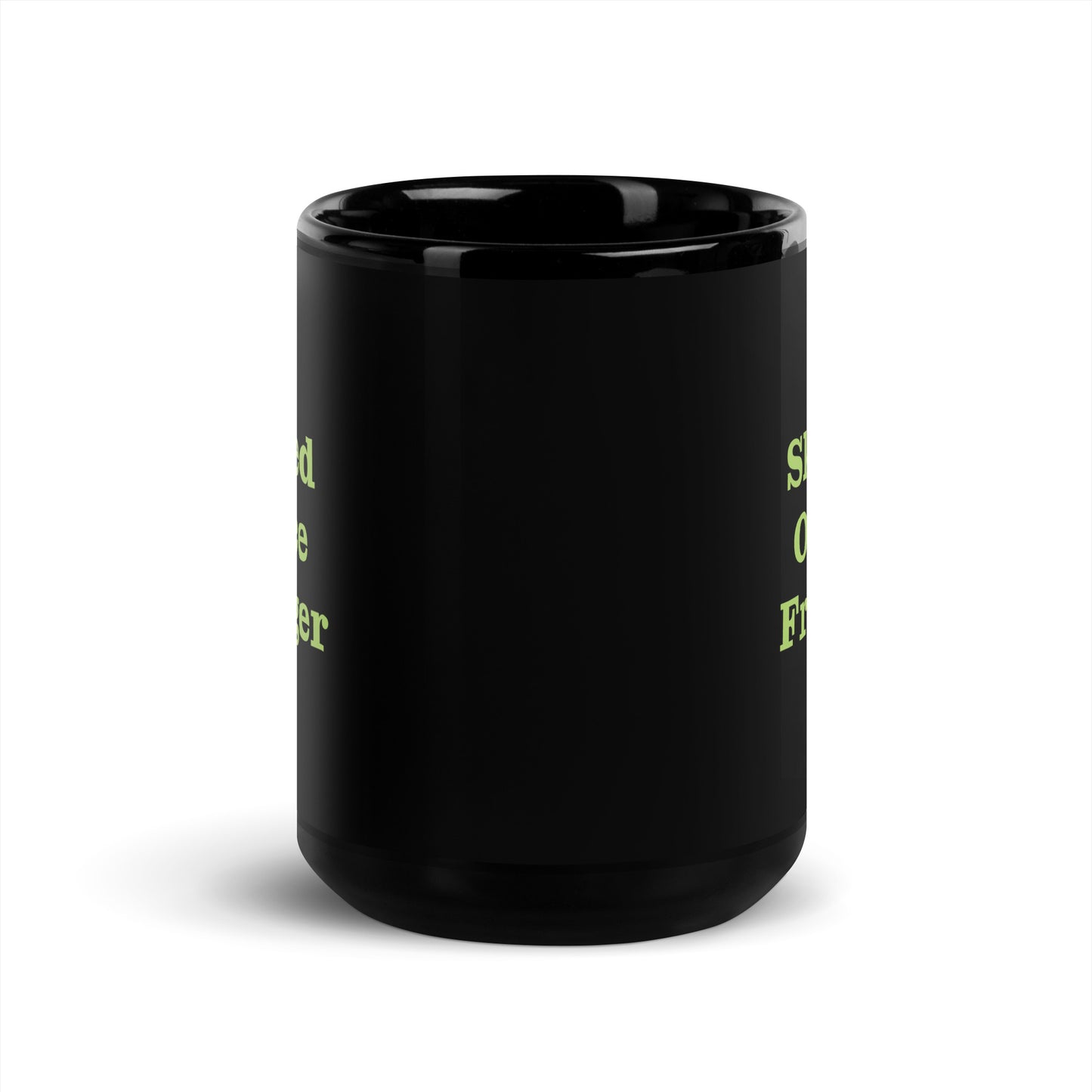 Black mug with text on a white background