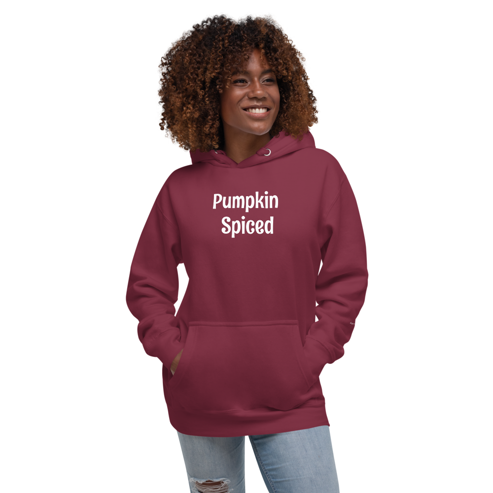 Person wearing a maroon hoodie with 'Pumpkin Spiced'