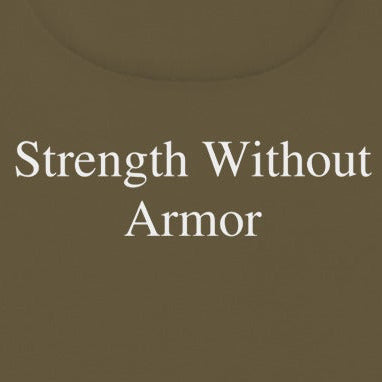 Brown hoodie with 'Strength Without Armor' text on the back against a white background