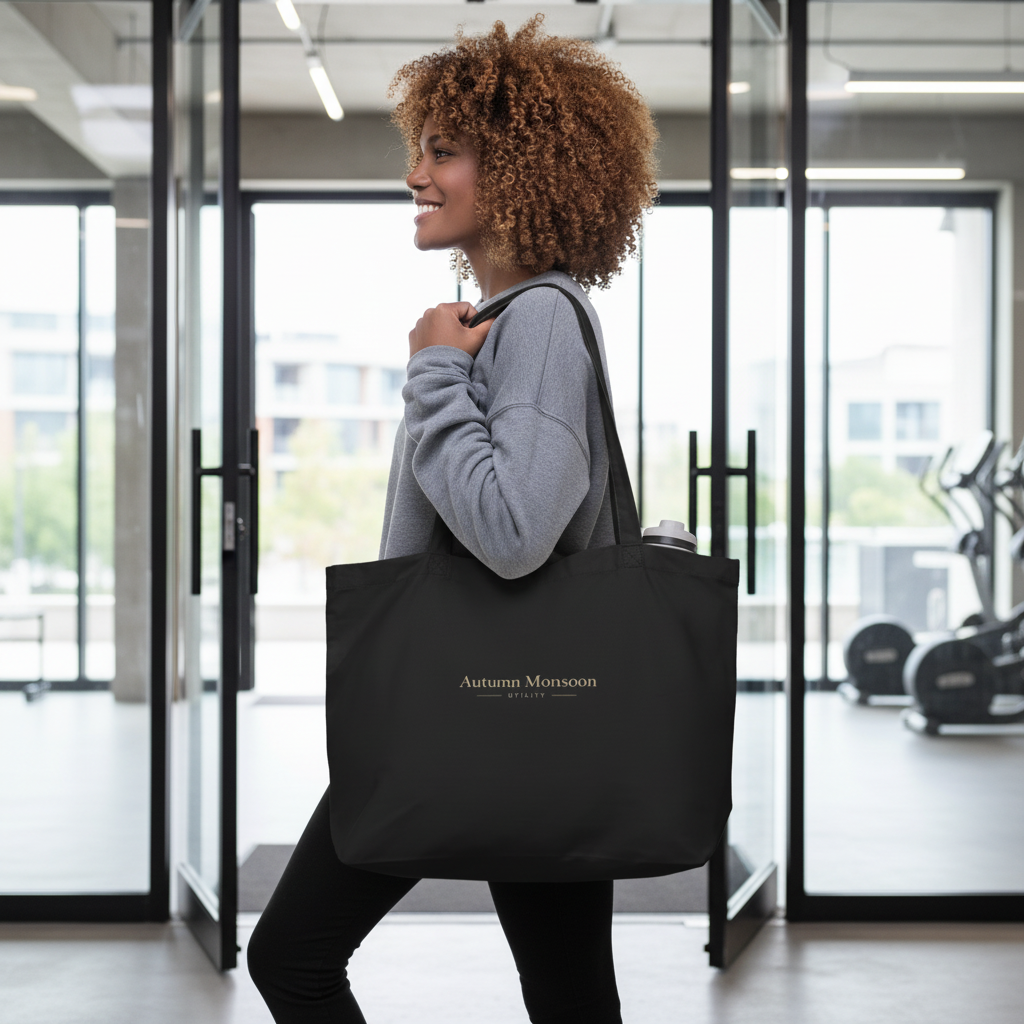 Woman holding a black tote bag with 'Autumn Monsoon' branding on a white background