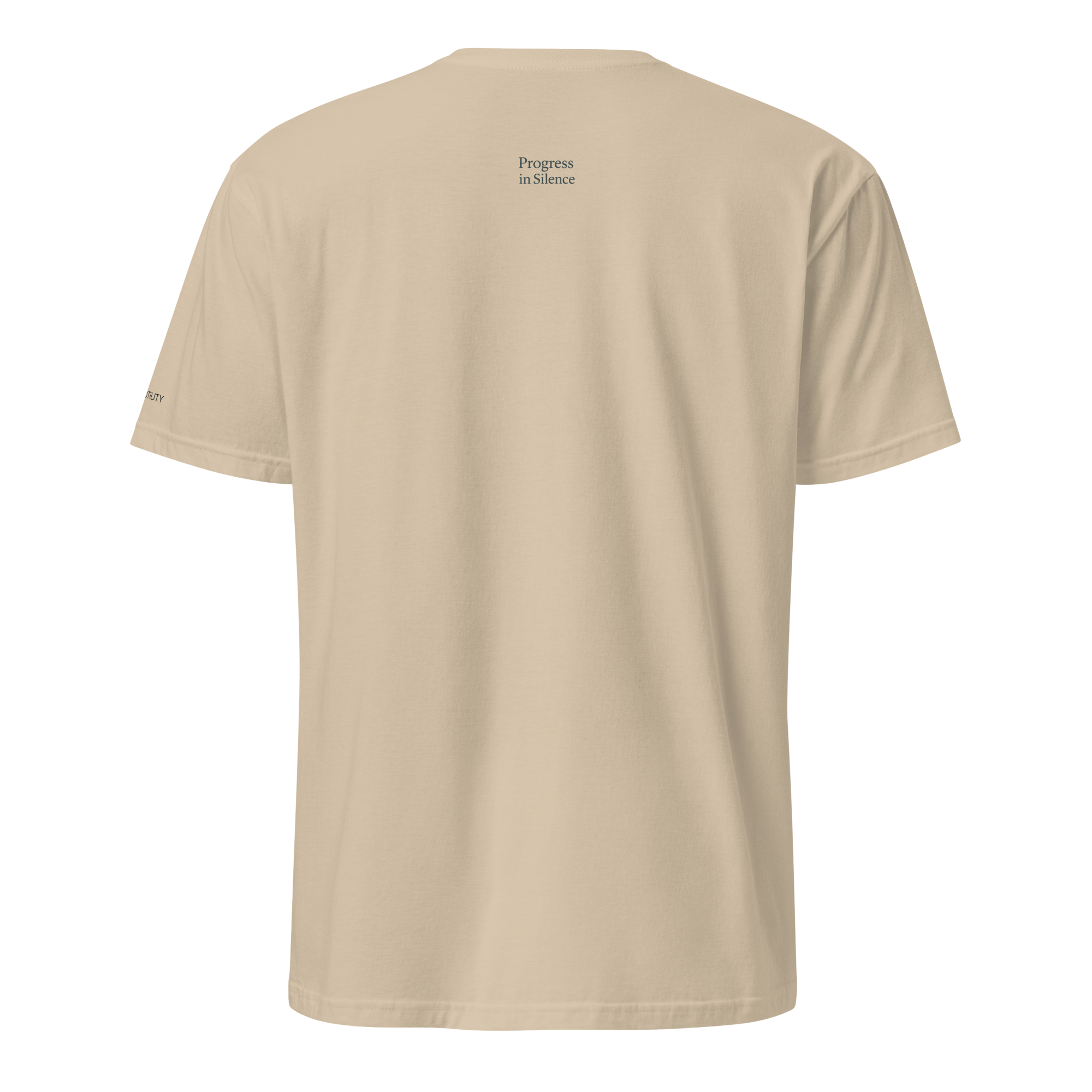 Beige t-shirt with text on the back against a white background
