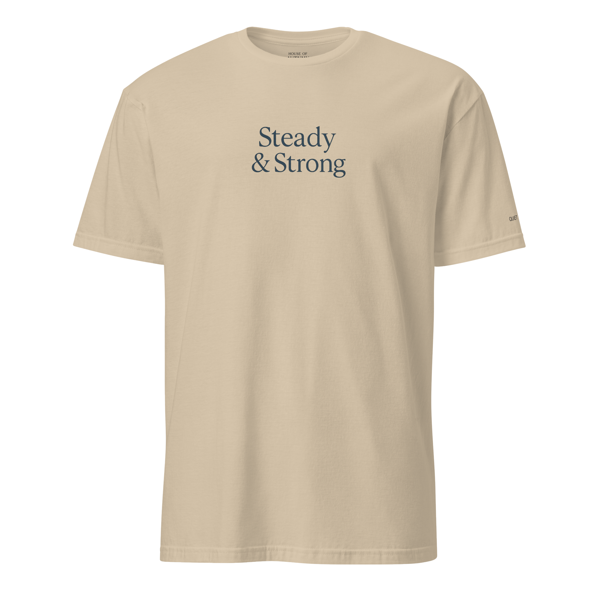Beige t-shirt with 'Steady & Strong' text on a white background