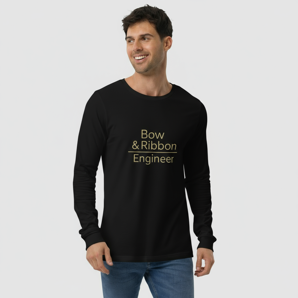 Man wearing a black long-sleeve shirt with 'Bow & Ribbon Engineer' text on a white background