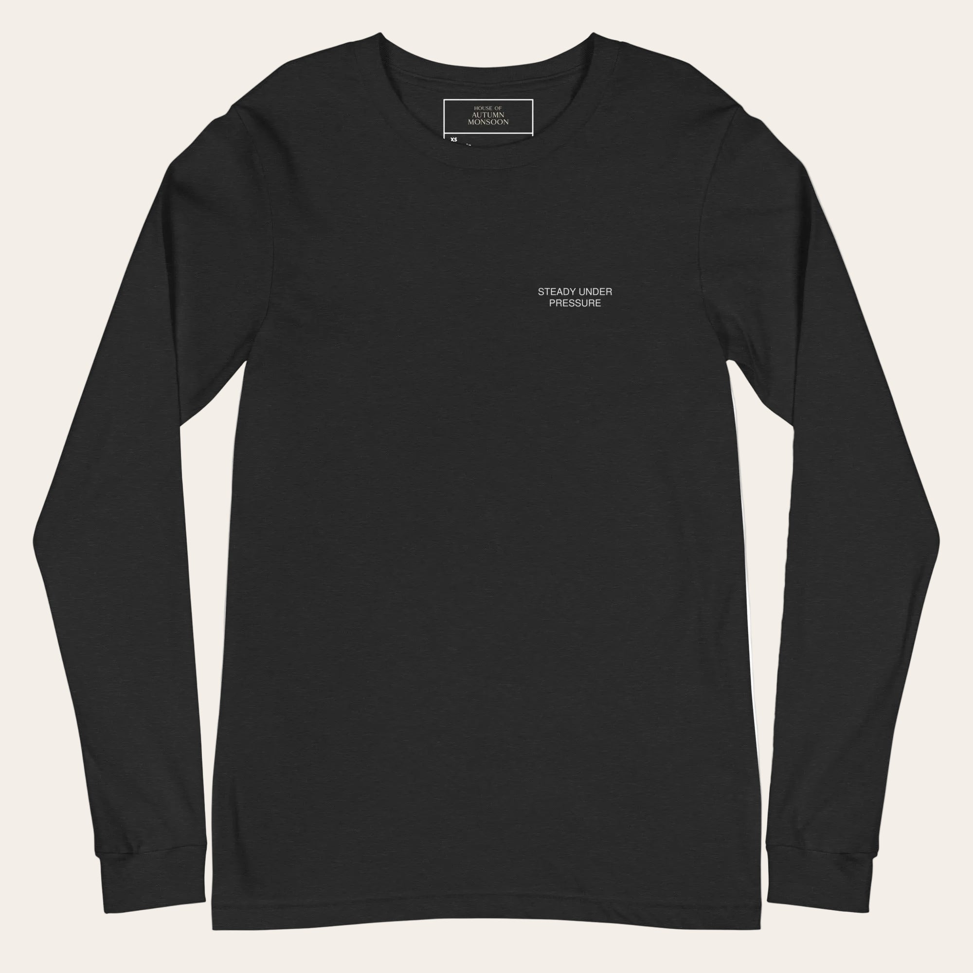 Black long-sleeve shirt with text on a white background