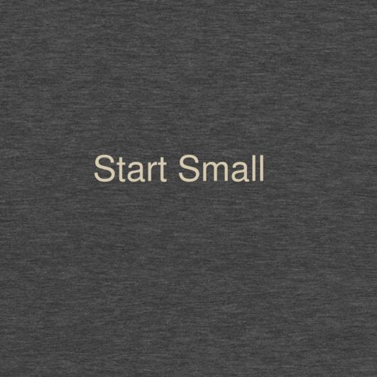 Dark gray long-sleeve shirt with 'Start Small' text on a white background