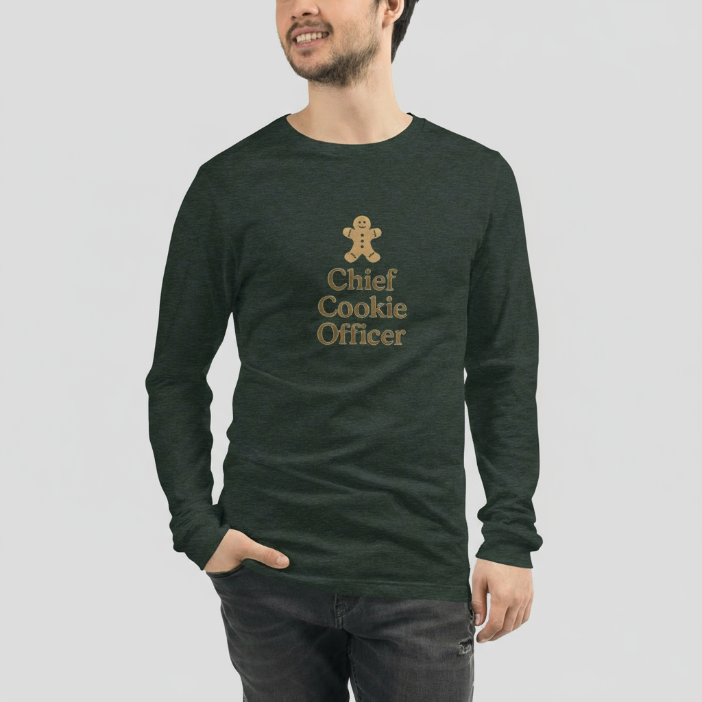 Person wearing a green long-sleeve shirt with 'Chief Cookie Officer' text and gingerbread man graphic.