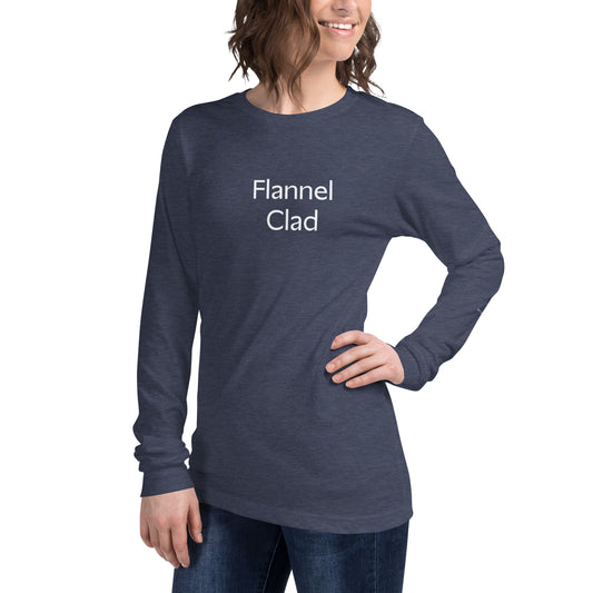 Person wearing a navy blue long-sleeve shirt with 'Flannel Clad'