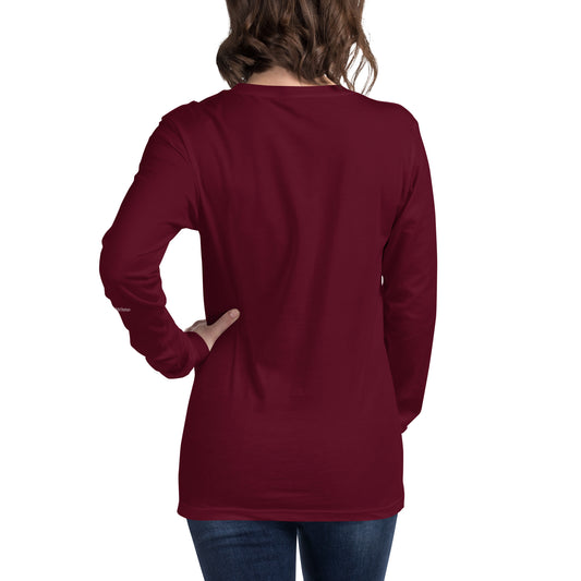 Maroon long-sleeve shirt worn by a person - back