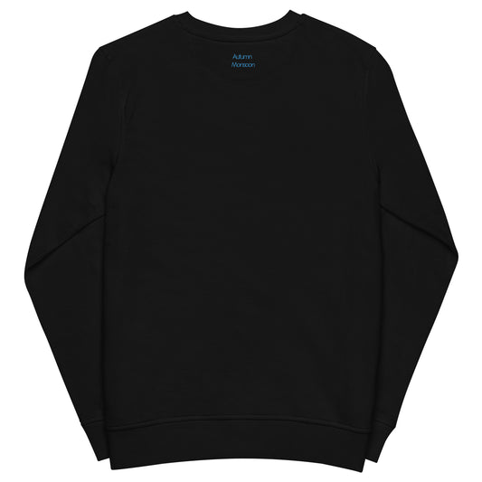 Black sweatshirt with a brand logo on the chest against a white background