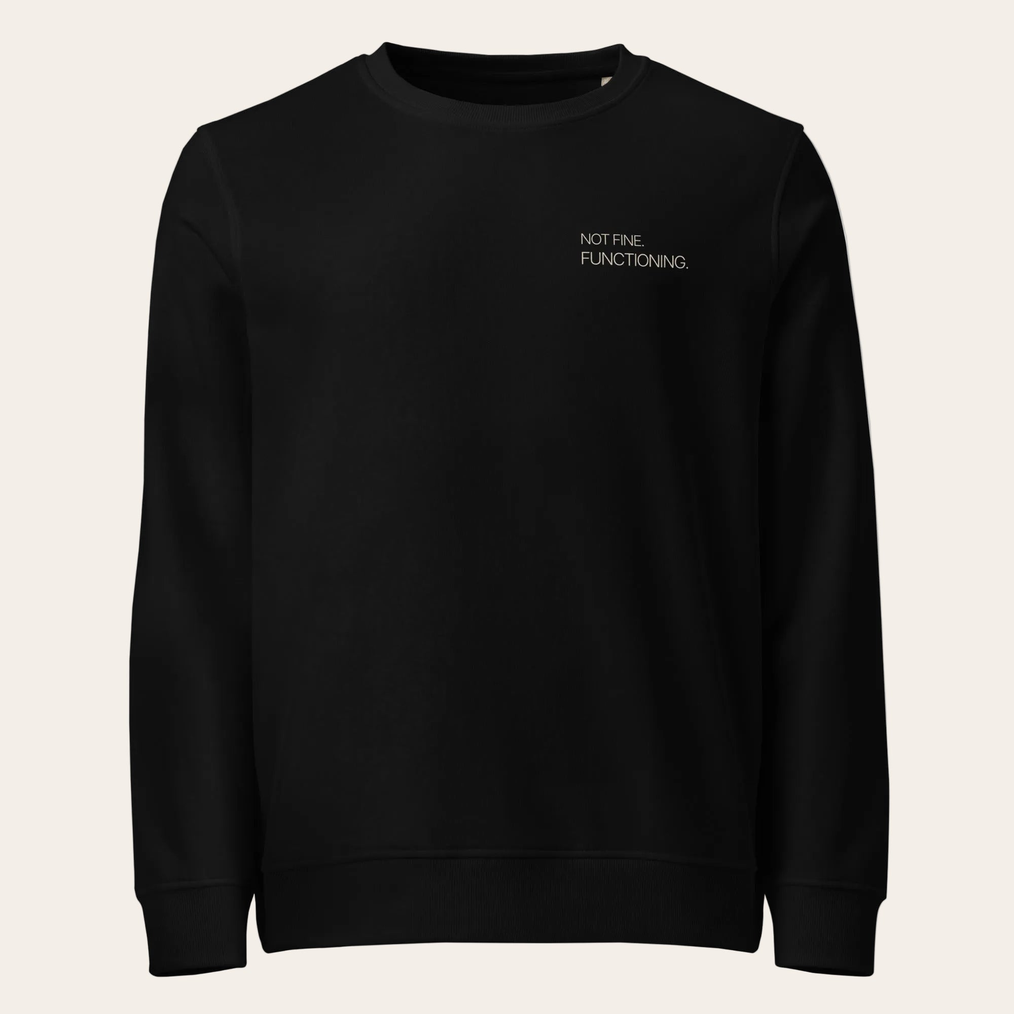 Black sweatshirt with a small logo on the chest against a white background